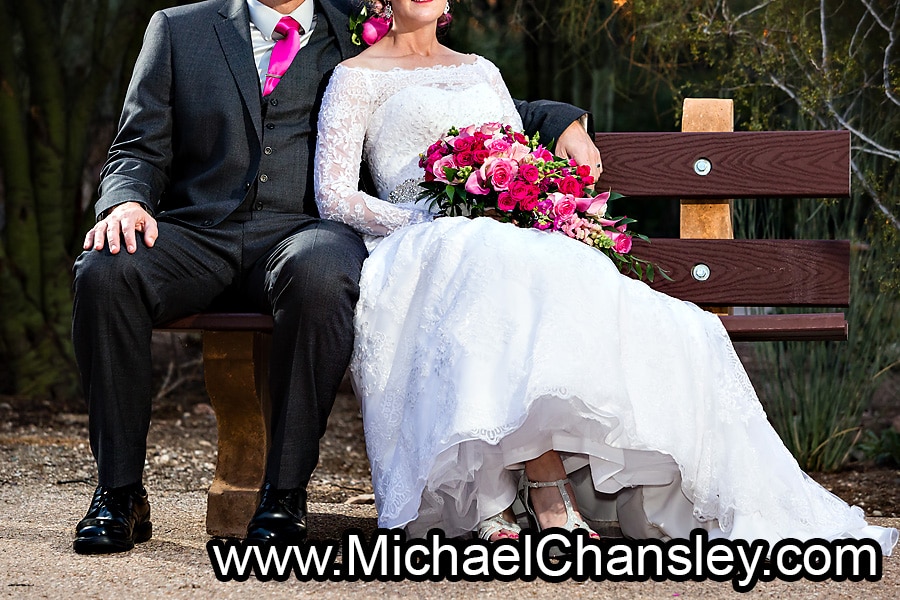 bride and groom portrait bench